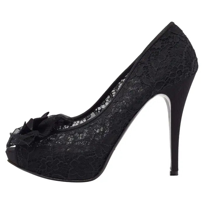 Dolce & Gabbana Black Floral Lace Bow Platform Peep Toe Pumps