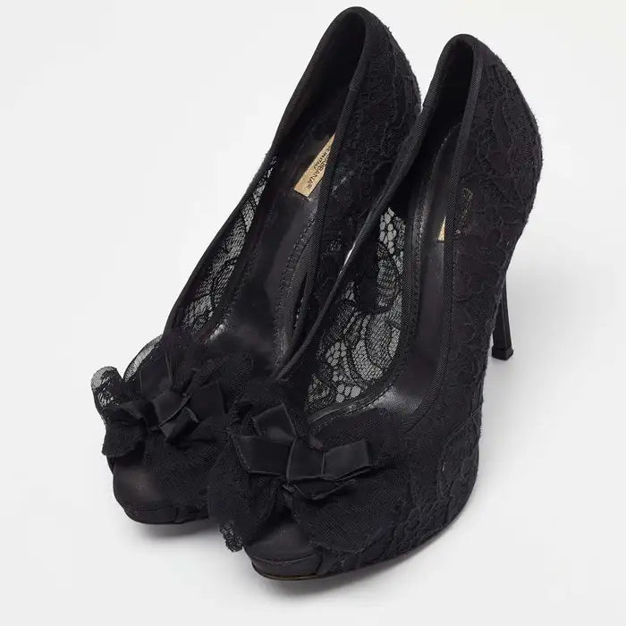 Dolce & Gabbana Black Floral Lace Bow Platform Peep Toe Pumps