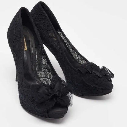 Dolce & Gabbana Black Floral Lace Bow Platform Peep Toe Pumps