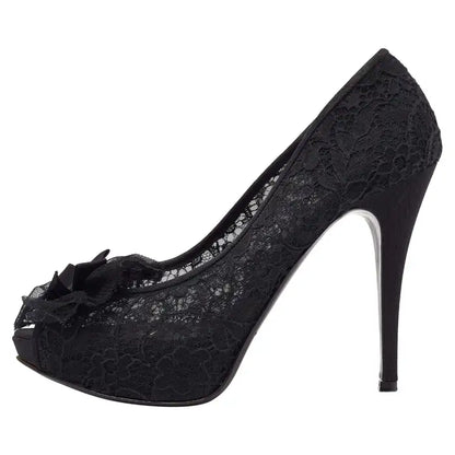 Dolce & Gabbana Black Floral Lace Bow Platform Peep Toe Pumps