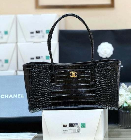 CHANEL Crocodile Croc Illusion Black Tote Shopping Bag
